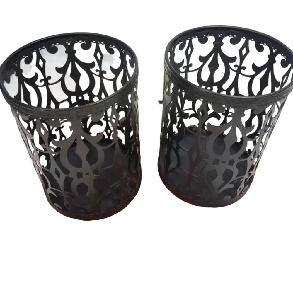 Set of 2 Black Iron Burnout Pillar Candle Holders